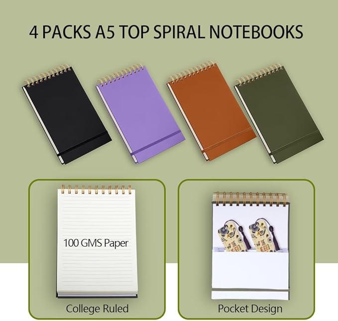 4 Pack Thick Superhard Cover A5 Top Steno Pads Spiral Notebook,Top Bound Notebooks Spiral 4x160 Pages, Inner Pocket College Ruled, Hardcover Steno Pads, Left-Handed Spiral Notepads for Work Black