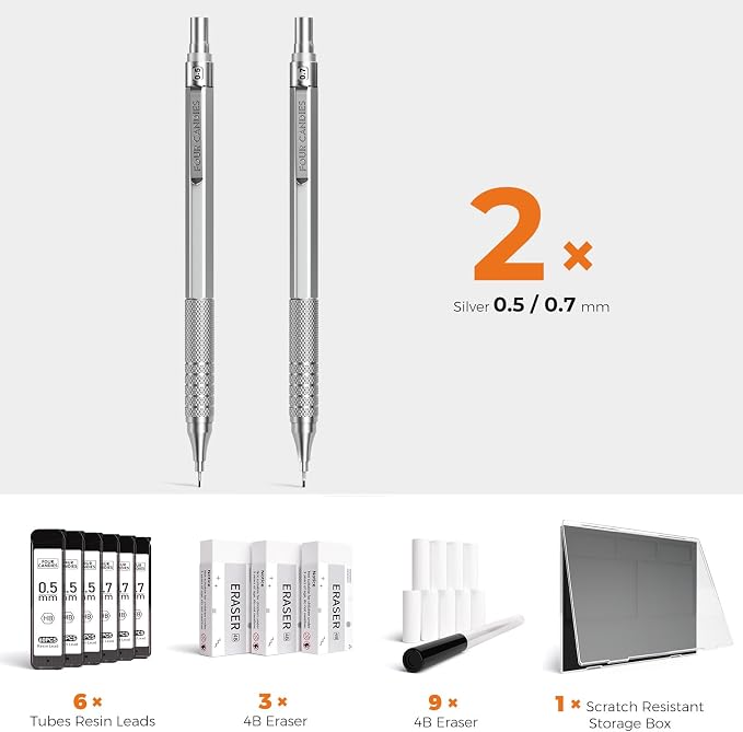 2PCS Metal Mechanical Pencil Set, 0.5mm+0.7mm, Storage Case, Silver | 360PCS HB Lead Refills, 3 Erasers, 9 Eraser Refills, for School Writing, Sketching, Technical Drawing, Art Projects