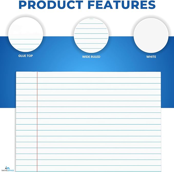 1InTheOffice Legal Rule Writing Pad Wide Ruled 8.5 x 11, Glue Top Writing Pad, Legal Notepad, Letter Size, 50 Sheets per Notepads (12 Pack)