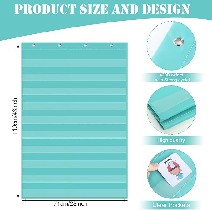 Standard Pocket Chart 28 x 43 Inches Transparent 10 Pocket Charts for Word Walls Letter Cards Sentence Strips School Classroom Supplies Home Back to School Teacher Gifts (Aqua Green)