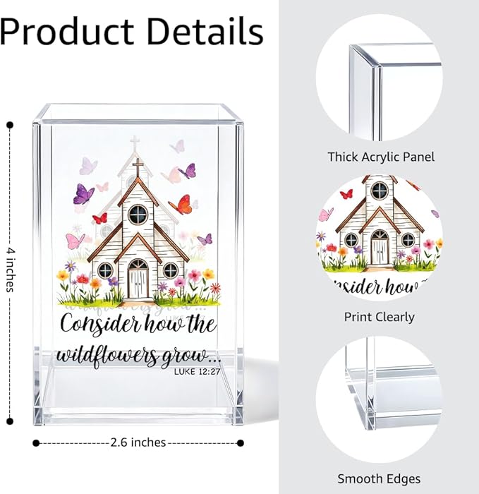 Consider How The Wildflowers Grow Bible Pen Holder Makeup Organizer, Funny Christian Acrylic Pencil Pen Holder for Desk, Luke 12:27 Bible Verse Pencil Cup, Religious Gifts for Book Lover Teacher