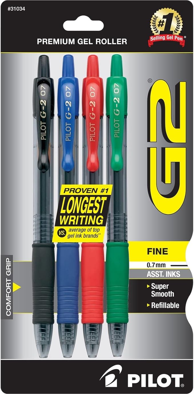 Pilot G2 Premium Gel Roller Pens, Bold Point, Gel Ink Pens, 1 mm, Pack of 4, Assorted Classic - Ideal for School, Journaling & Office Writing
