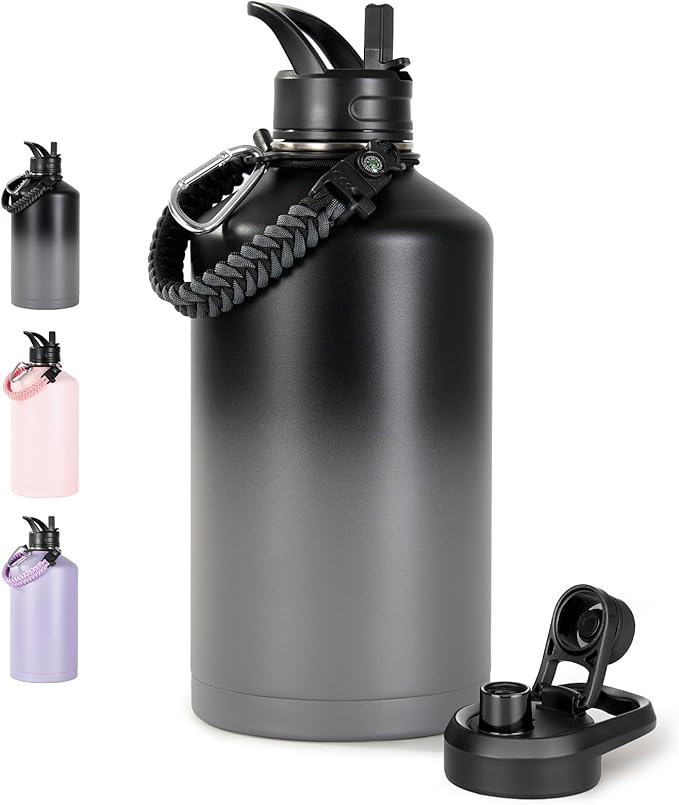 Fijinhom Gallon Water Bottle with 2 Lids (Straw & Spout), 304 Stainless Steel Water Jug with Handle and Wide Mouth, 1 Gallon Vacuum Double Walled Jug for Sports, Outdoors, Black/Gray, 128 oz