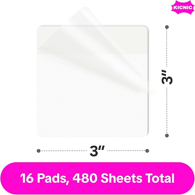 KICNIC Transparent Sticky Notes, 480 Pcs 3x3 Inch, Self-Adhesive Waterproof, See-Through Translucent Sticky Notes for Books, Bible, Page Markers, School Office College Supplies (Clear White)