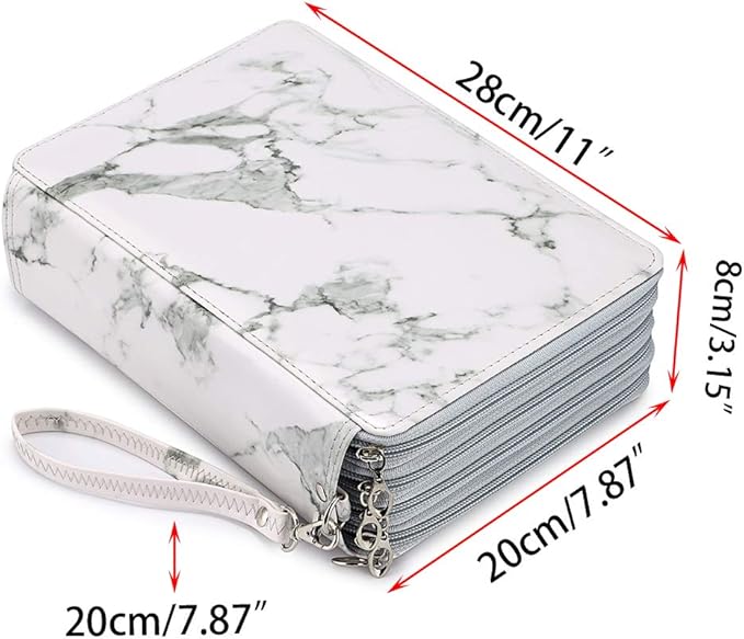 BTSKY 200 Slots Colored Pencil Organizer - Deluxe PU Leather Pencil Case Holder With Removal Handle Strap Pencil Box Large for Colored Pencils Watercolor Pencils White Marble