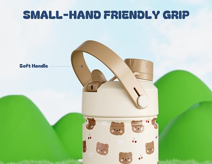 12 oz Kids Stainless Steel Water Bottle: 2-in-1 Straw Spout Lid, Leakproof, BPA-Free, Easy Clean, Keep Cold 24H, Cute Patterns, Stainless Steel Cup for School, Trip, Playtime, Gift (Snuggleberry Bear)