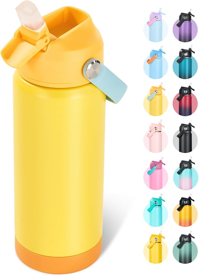 Fijinhom 24oz Insulated Stainless Steel Water Bottle, Wide Mouth Double Wall Vacuum, Silicone Straw, Sweat & Leak Proof, BPA Free Insulated Water Flask for Travel, Keep Cold 24h Hot 12h, Lemon