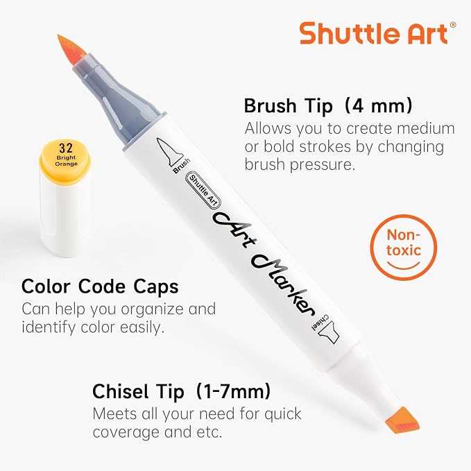 Shuttle Art Pastel Alcohol Markers Brush tip, Dual Tip Brush & Chisel Tip Art Marker Set, 50 Colors plus 1 Blender Marker Pens with Case Perfect for Illustration Students Adults Coloring Sketching