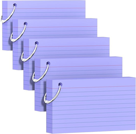 250 Count Purple Index Cards 3x5 Inch with Key Ring, Color Flash Index Card (50 Sheets Each), Durable & Portable Note Taking for Students, Teachers, Study Note Cards for Office Home School
