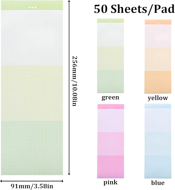 4 Pack Long Narrow Notepads - Memo Pads for Notes | 50 Sheets Each, No-Adhesive Sticky Notes Alternative for Daily Planning & Lists (Gradient Color, Grid)