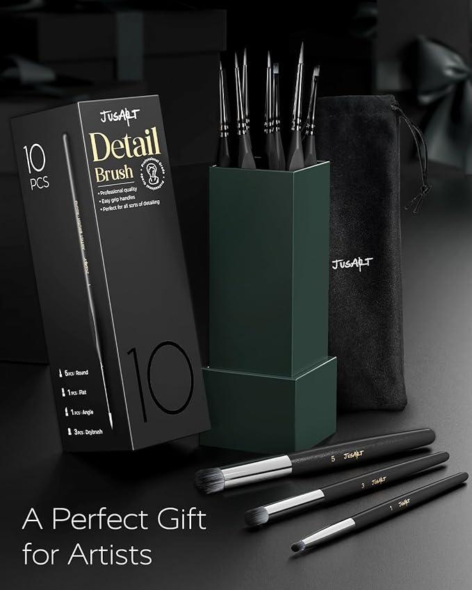 JusArt 10-Piece Detail Paint Brush Set, Miniature Paint Brushes for Models, Acrylic Oil Watercolor, Professional Fine Detail Brushes for Adults & Miniature Painters