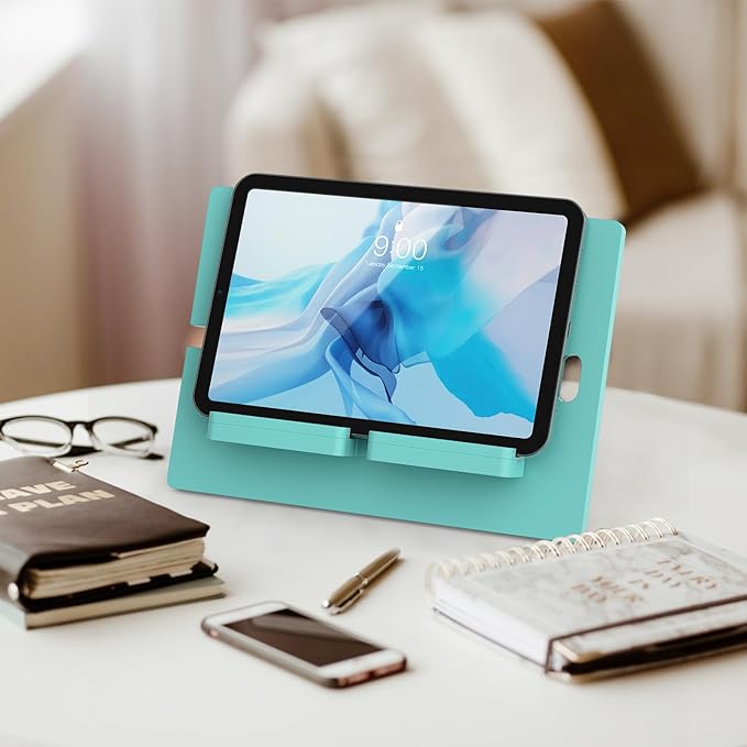Pezin & Hulin Bamboo Tablet Stand, Adjustable Wood Pad Holder, Desktop Cell Phone Stand Holder Dock Compatible with Tablet, E-Reader, and All Phone (Support to 4.7-13" Devices) - Teal