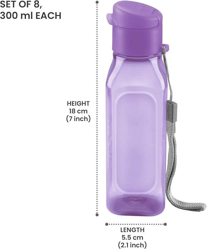 Bulk Set of 8 - 10oz Multicolor Water Bottles for Kids and Adults - Leak Proof With Carry Strap - Square Reusable for Juice, Drinks - BPA-Free Dishwasher-Safe