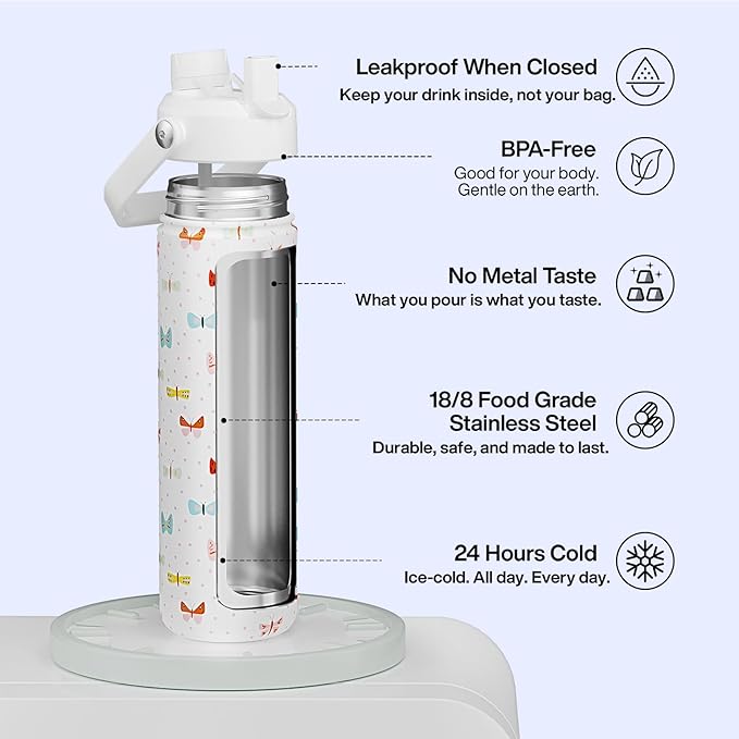 ENCOOL Insulated Water Bottle with Straw Stainless Steel Water Bottle, Leak-Proof, BPA-Free, Double Wall Vacuum Keeps Cold for 24 Hours for Sports, Travel, School (26 oz, Cute Butterfly)