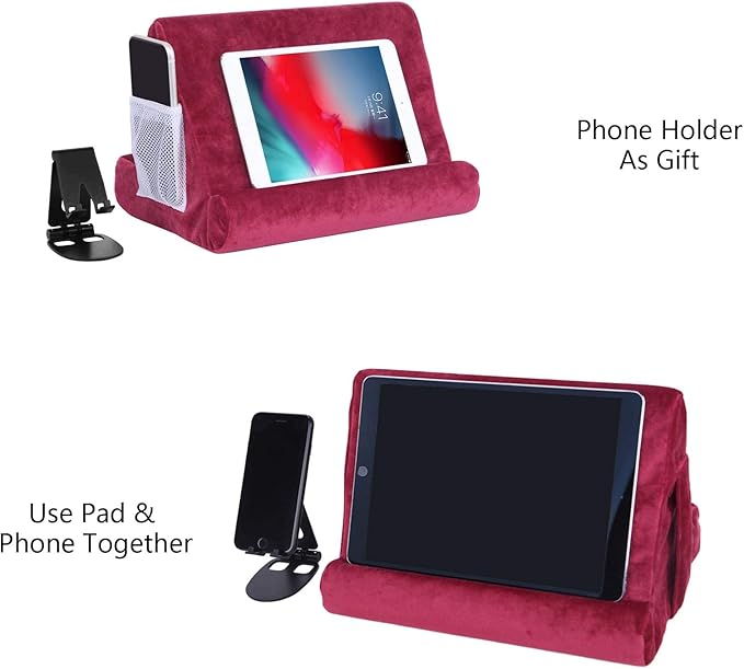 2pcs Multi-Angle Tablet Holder Cushion Stand with Net Pocket & Black Color Phone Stands Upgraded Tablet Pad Support for Phone,Pad,Books (WineRed)