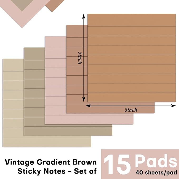 Wiooffen 15 Pads Brown Color Sticky Notes with Lined 3x3 inch Ruled Self Stick Notes Pads Boho Super Sticking Power Memo Pad Vintage Colors Post Note for Office School Meeting Home 40 Sheets/pad 3x3in