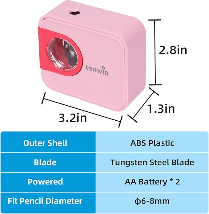 tenwin Portable Electric Pencil Sharpener, Pencil Sharpeners Battery Operated, Tungsten Steel Blade to Fast Sharpen, Kids Pocket Sharpener, Fit to 6-8mm No.2/Colored Pencils, School/Office/Home (Pink)