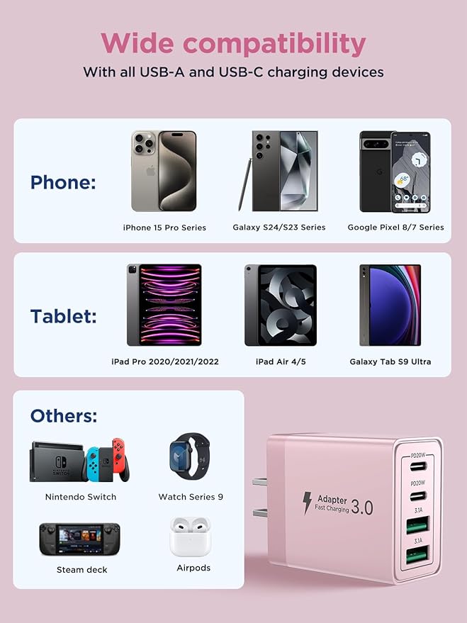 USB C Charger Block, 40W 4-Port Fast Charging Block USB C Wall Charger Dual Port PD + QC Wall Plug Multiport Type C Block for iPhone 17 16 15 14 13 12 11 Pro Max XS XR 8, iPad, Samsung Phone