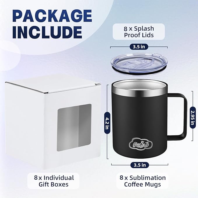 12oz Insulated Coffee Mug with Handle, Stainless Steel Wide Mouth Travel Tumblers with Lid, Double Wall Vacuum Coffee Cup for Camping, Office, Black 8 Packs