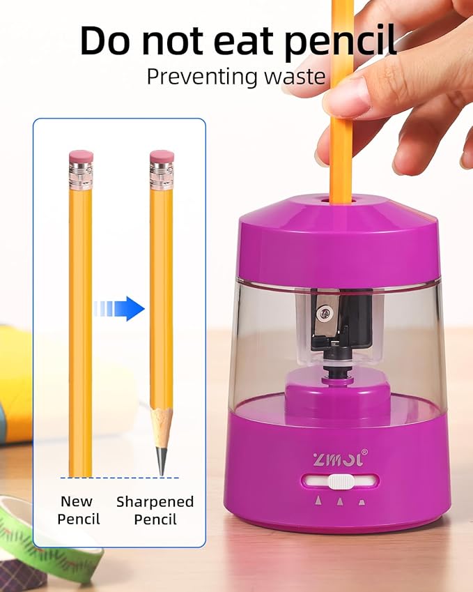 ZMOL Electric Pencil Sharpener Battery Operated Power Kids for Colored & Jumbo Pencils No.2/(6-12mm) - Safe & Easy Use Plug in Portable with (AC Adapter,USB, Battery) for Classroom/Office/Home Pink