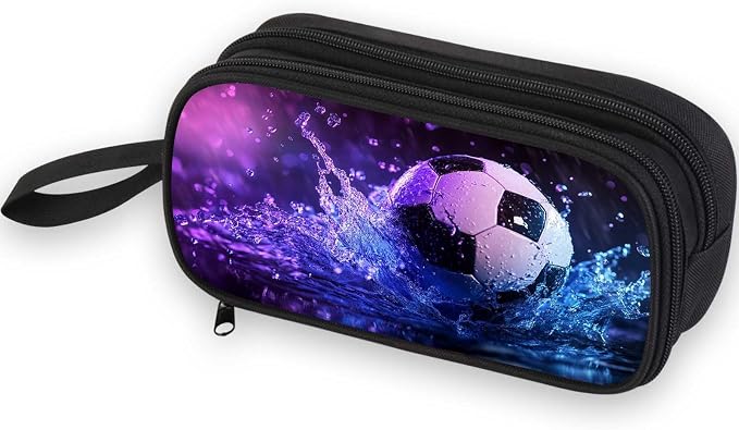 Firmiso Kids Pencil Case, Soccer Water Splash Graphic, Large Capacity Double Zipper Pencil Pouch with Compartments, Durable Polyester Stationery Organizer, Pen Bag for Boys Girls Teens