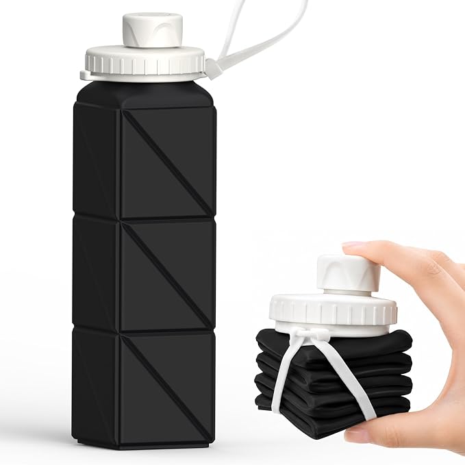 BEAUTAIL Collapsible Water Bottles 21oz/610mL, Silicone Travel Water Bottle | BPA Free, Leakproof & Reusable, Foldable Water Bottle for Traveling, Hiking, Gym, School, Sports, Outdoor, 1-Pack, Black
