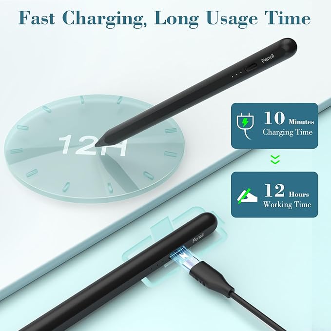 iPad Pencil, Accokids 10 Mins Fast Charging Stylus Pen with Palm Rejection, Tilt Sensitivity for iPad 6/7/8/9/10/11,Air 3/4/5/M2/M3, Mini 5/6, iPad Pro 11"/12.9"/M4 Black