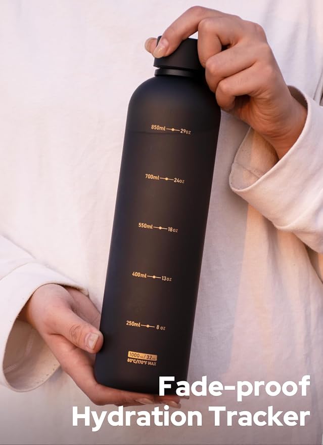 Opard Slim Water Bottle 32oz, Dishwasher Safe Plastic Water Bottle BPA-Free, Leakproof Screw Top, Charcoal Black, Reusable for Travel School Sport Gym Hiking