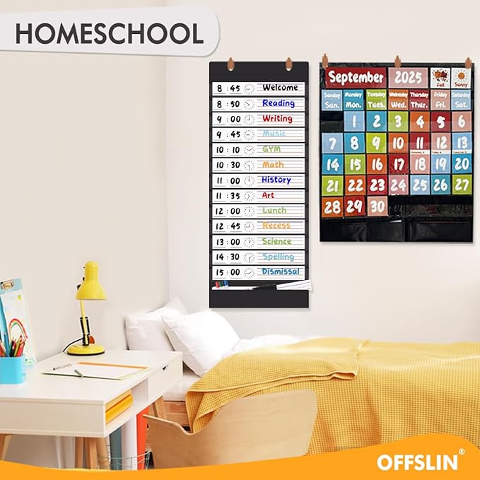 Daily Schedule Pocket Chart, 13+1 Pockets Visual Classroom Schedule Pocket Chart, 18 Double-Side Dry Erase Cards Routine Calendar for Classroom, Office, Home Teacher Supplies (Black)