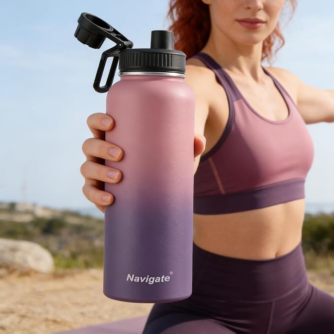 Navigate 40 oz Insulated Stainless Steel Sports Water Bottle with Spout & Handle Lids,Wide Mouth Water Jug with Double Walled Leak Proof Keep Cold for 24 Hrs Hot for 12 Hrs, Red to Black