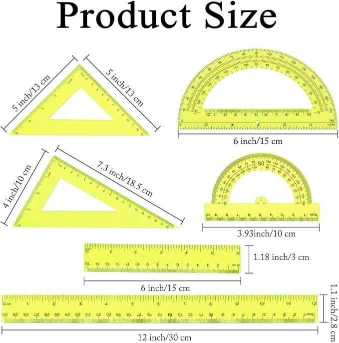 Plastic Clear Ruler Math Set, 6" | 12" Straight Ruler Protractor, 2 Protractors 180 Degree 2 Triangle Rulers 45 | 60 Degree 2 Straight Rulers Measuring Tool for School Office Home Supplie, Yellow