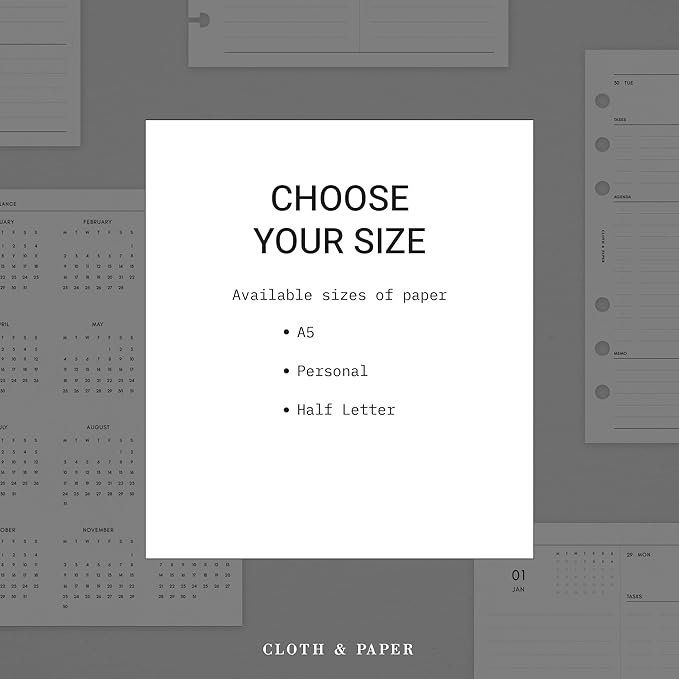 Cloth & Paper 2026 Dated Weekly Planner Inserts - Monday Start | Half Letter Size 5.5 x 8.5 Inches | 8 Discbound Punch Horizontal Weekly Layout, 214 Dated Pages | Minimal Agenda Refill