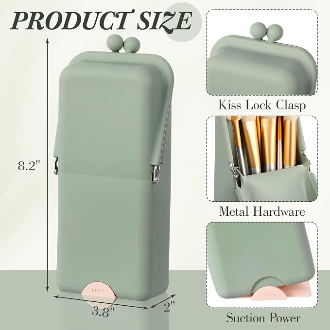 Kacctyen Makeup Brush Case Silicone Standing Makeup Brush Holder,Sage Green | Silicone Make up Travel Bag with Suction Portable Cosmetic Organizer Phone Stand Pouch for Travel Home Back to School Use