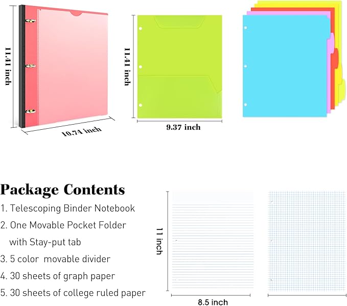 INFUN All-in-one Telescoping Binder Notebook，3 Ring Notebook Binder with 1 Plastic Movable Pocket Folder,5 Plastic Subject dividers and Graph Paper and College Ruled Paper - Red
