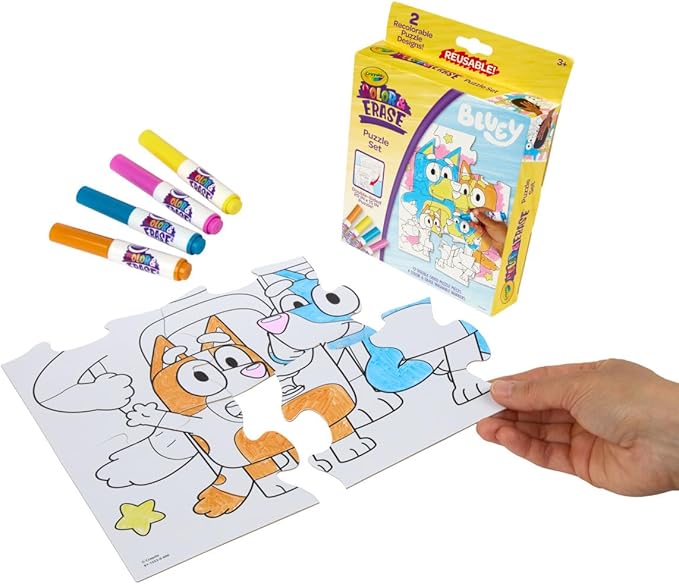 Crayola Color & Erase Bluey Puzzle Set, 12 Color in Puzzle Pieces, Reusable, Double Sided Kids Puzzle, Bluey Gift for Kids, 3+