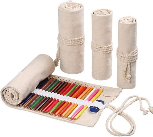 DIYOMR 24/36/72 Slots Pencil Wrap Pencil Rolls, Artist Colored Pencils Roll Up Bag Short Brushes Pouch Case Pencils Organizer for Drawing Coloring and Sketching (White, 24slots)