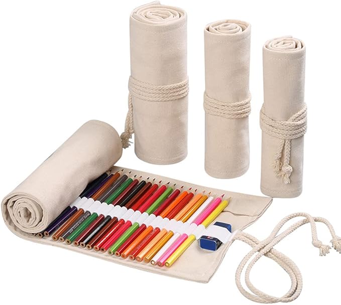 DIYOMR 24/36/72 Slots Pencil Wrap Pencil Rolls, Artist Colored Pencils Roll Up Bag Short Brushes Pouch Case Pencils Organizer for Drawing Coloring and Sketching (White, 36slots)