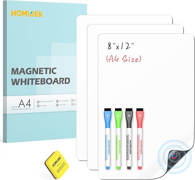 HOMiDEK Magnetic Whiteboard for Fridge, 3 Pack Small Magnetic Dry Erase Boards with 4 Markers & 1 Eraser, Reusable Blank Magnet White Board Sheets for Home, Kitchen, Office, Classroom - 8 x 12