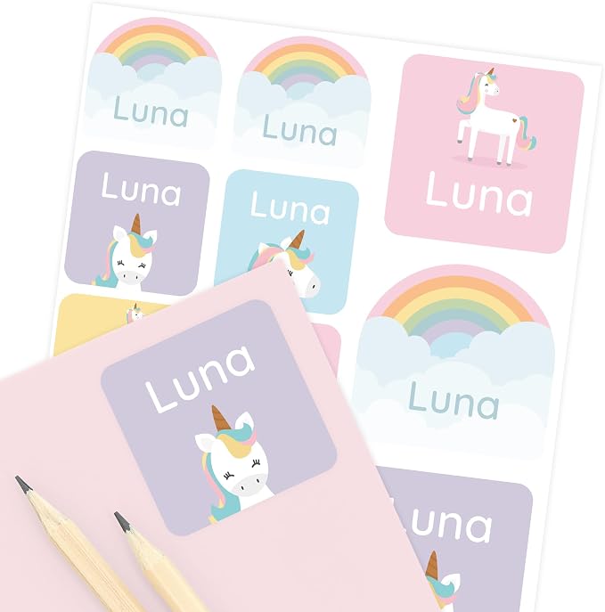 Camp Name Labels for Kids (33) – Custom Waterproof Stickers for Water Bottles, Lunch Boxes, Daycare & School with Unique Designs - Unicorn