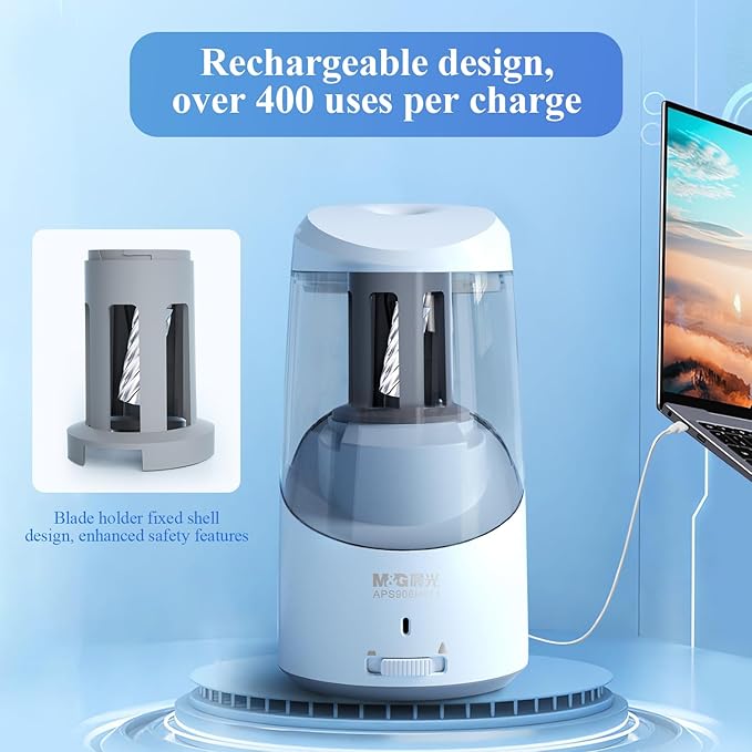 M&G Blue Electric Pencil Sharpener, Portable Automatic Pencil Sharpener for Colored Pencils, Auto Stop, Super Sharp & Fast, USB Operated for 6-8mm Pencils for Kids, School, Office, Home (Blue)
