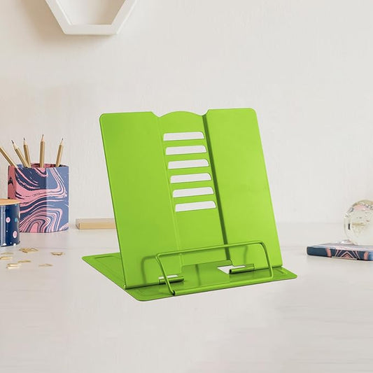 MSDADA Small Desk Book Stand Metal Reading Rest Book Holder Adjustable Cookbook Documents Holder Portable Sturdy Bookstands for Recipes Textbooks Tablet Music Books(Green)