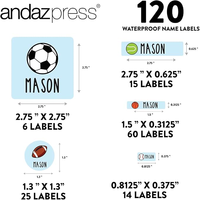 Andaz Press Custom Personalized Waterproof School Name Labels, Sports, 120-Pack, Kids Labels Combo Pack, Customizable Multi-Use Name Stickers for Preschool, Daycare, Supplies, Office, Camping