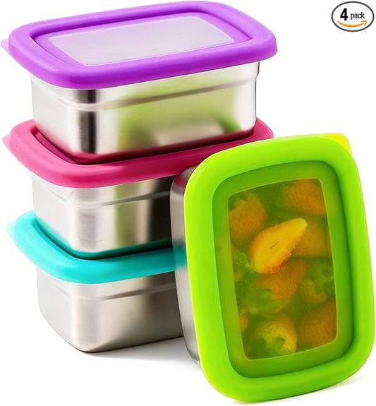 BEFOY Stainless Steel Snack Containers with Clear Silicone Lids for Kids/Adult Leak Proof Stackable Metal Lunch Box for Kitchen Storage, Meal Prep Easy Open & BPA-Free Stackable Box for Daycare