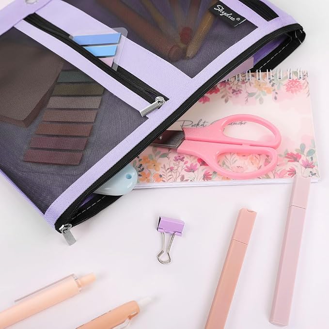 SKYDUE Pencil Pouch for 3 Ring Binder, 3 Pockets and Mesh Window | Zipper Pencil Pouch Pencil Bag with 3 Reinforced Grommets, Durable Organizer for School Supplies, Cables, Earbuds, Makeup