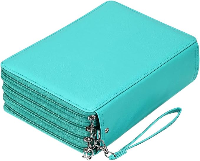 BTSKY 200 Slots Colored Pencil Organizer - Deluxe PU Leather Pencil Case Holder With Removal Handle Strap Pencil Box Large for Colored Pencils Watercolor Pencils (Green)