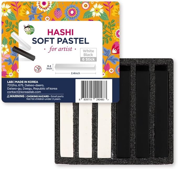 HA SHI Professional Soft Chalk Pastels for Adult Artists, Square Artist Grade Drawing Media, Black and White, 6 Sticks