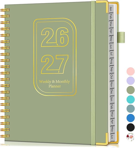 Planner 2026-2027, 18 Months Weekly and Monthly Hardcover Planner, January 2026 - June 2027, 8.5" x 11" A4 Large Daily Calendar Planner Book with Tabs, Spiral Yearly Agenda Organizer Notebook for School Work Home, Green