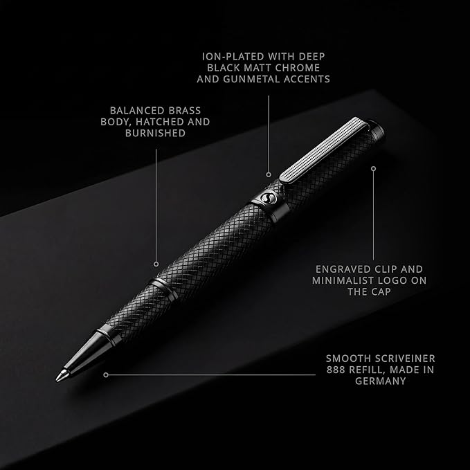 Scriveiner All Black Rollerball Pen - Stunning Luxury All Metal Matt Black Pen, Schmidt Ink Refill, Best Roller Ball Gift Set for Men & Women, Professional, Executive Office, Nice Pens