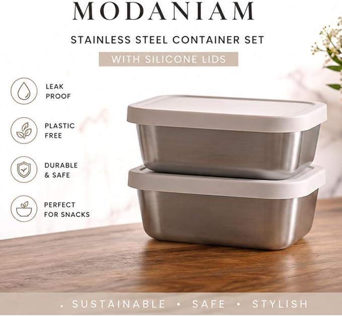Modaniam Flexibento - Stainless Steel Snack Container Set with Silicone Lids - 2 pack 14 OZ each