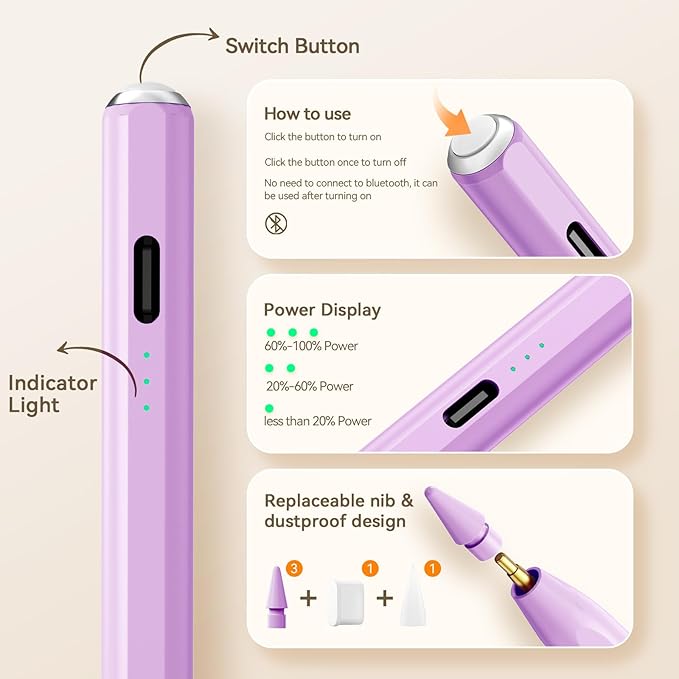 Hastraith Stylus Pen for iPad(2018-2026)-13 Mins Fast Charge with Tilt Sensitivity & Palm Rejection for iPad 11/10/9/8/7/6th Gen, Air 5/4/3/M4/M3/M2, Pro 13"/12.9"/11"/M4, Mini 7/6/5th, Purple